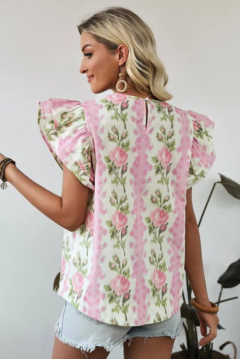 Pink Floral Print Ruffled Sleeve Summer Top for Women - Love Salve